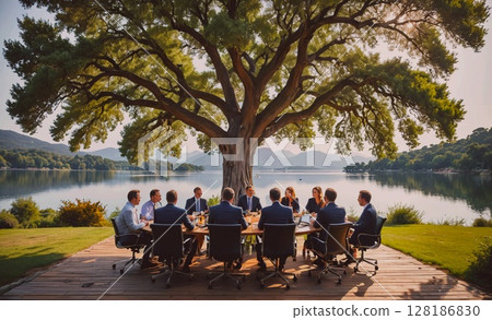 Group of people are sitting around a table under a large tree. Scene is one of camaraderie and collaboration, as the group of men and women are gathered together to discuss important matters. The 128186830