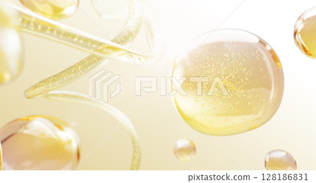 3d background with gold oil drops texture, yellow omega bubbles, liquid collagen or serum. Cosmetic spheres, splashes and waves. Clear keratin droplets for hair care. Fluid fuel flow. 3D illustration 128186831