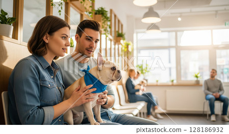 Caring couple comforting their French bulldog in a bright veterinary clinic waiting room, awaiting examination. 128186932