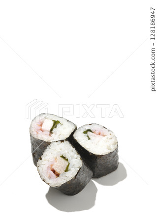 Nori rolls with plum, shiso and yam photographed on a white background 128186947