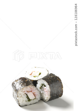 Nori rolls with plum, shiso and yam photographed on a white background Nori rolls with plum, shiso and yam photographed on a white background 128186964