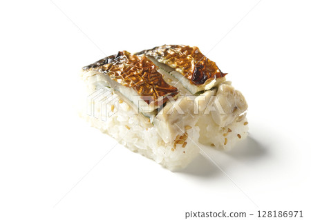 Grilled mackerel sushi photographed on white background Grilled mackerel sushi photographed on white background 128186971