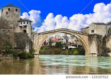 Spectacular view of the beautiful Stari Most Bridge in Mostar, a UNESCO World Heritage Site Spectacular view of the beautiful Stari Most Bridge in Mostar, a UNESCO World Heritage Site 128187022