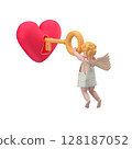 Cupid using a key to open a heart, 3d illustration 128187052