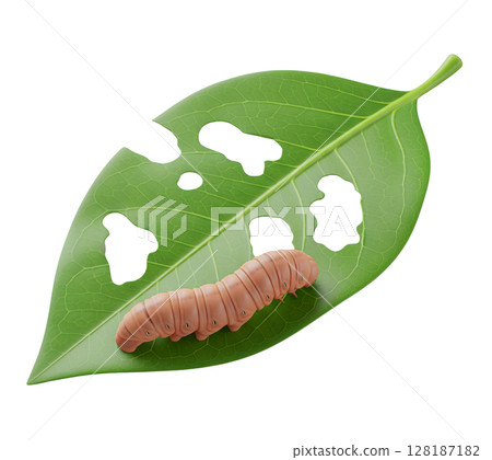 Caterpillar Eating a Green Leaf Minimalist 3D Rendering in a Soft And Smooth Renderer 128187182