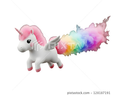 Flying Unicorn with a Rainbow Smoke Trail Minimalist 3D Rendering in a Soft And Smooth Renderer 128187191