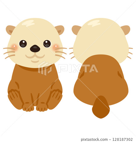 Set of front and back illustrations of a sitting sea otter 128187302