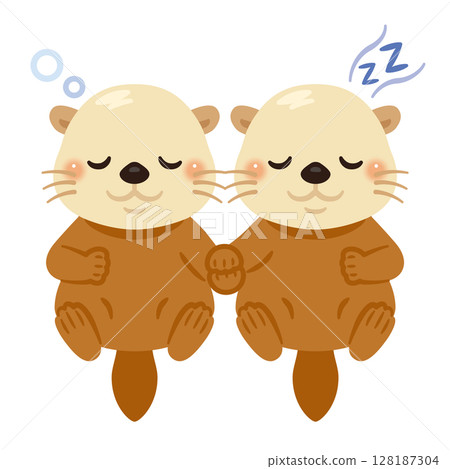 Illustration of sea otters sleeping while holding hands Illustration of sea otters sleeping while holding hands 128187304
