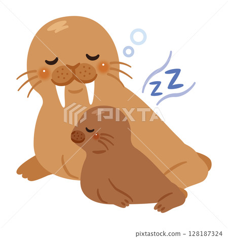 一隻海象父母和孩子正在睡覺的插圖 一隻海象父母和孩子正在睡覺的插圖 128187324