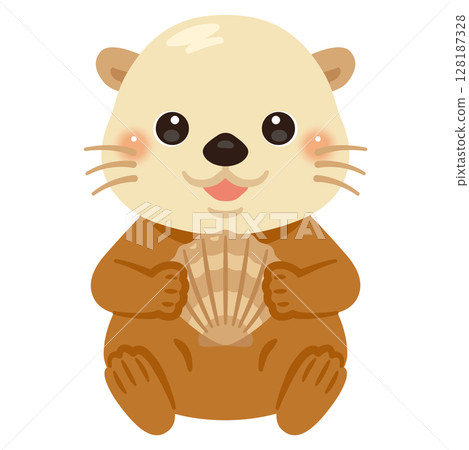 一隻坐著的海獺拿著貝殼的插圖 128187328