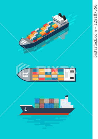 Container ship in plan view, side view and isometric view. 128187356