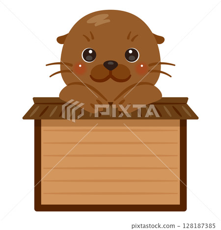 Character illustration of a sea lion riding on a wooden sign 128187385