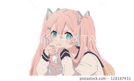 Illustration of a girl with pink hair and twin tails 128187431