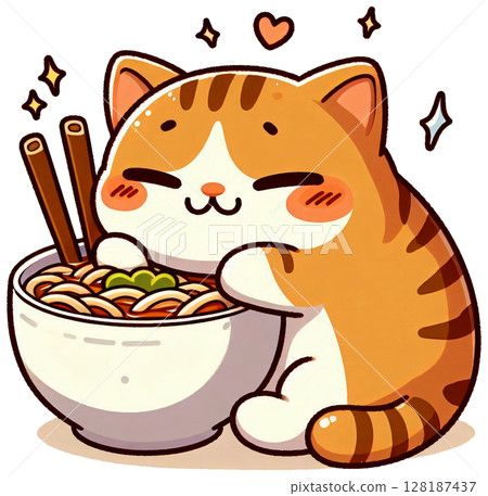 A cat sits next to a bowl of noodles, enduring its hunger. 128187437