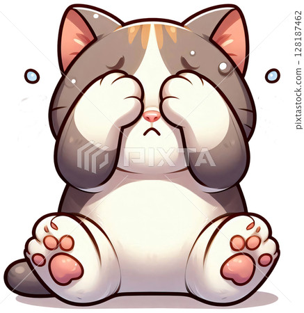 A cat covering its face with paws, scared expression 128187462