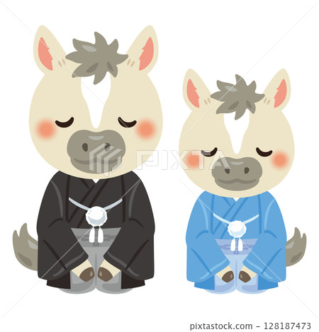 馬年人物身著正式服裝，父母與孩子，鞠躬 128187473
