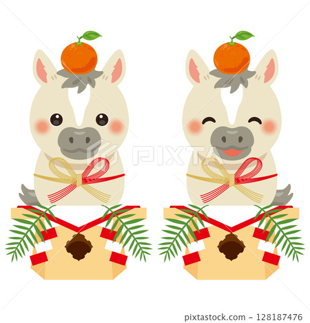 A horse year character dressed as a kagami mochi 128187476