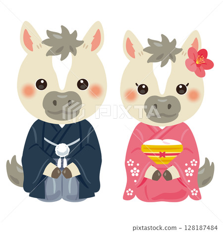 Characters born in the year of the horse in their finest attire: male and female 128187484