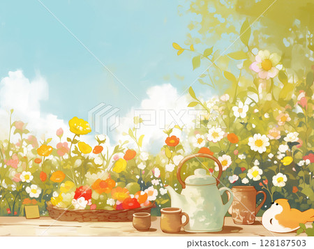 Spring tea time and blue sky scenery Cute hand-drawn illustration 128187503