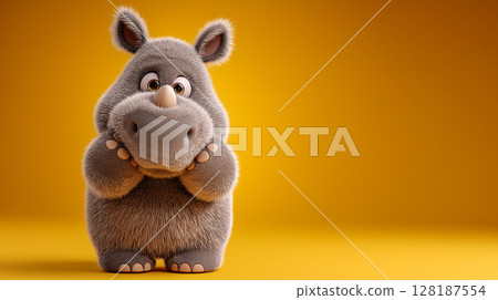 Cute rhino stands happily against a bright yellow background 128187554