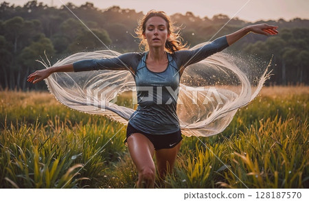 Woman is running in a field with a white scarf trailing behind her. Concept of freedom and joy as the woman moves through the grass 128187570