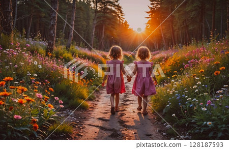 Two little girls walking through a field of flowers. The sun is shining brightly, casting a warm glow on the scene. The girls are holding hands, enjoying each other's company as they explore the 128187593