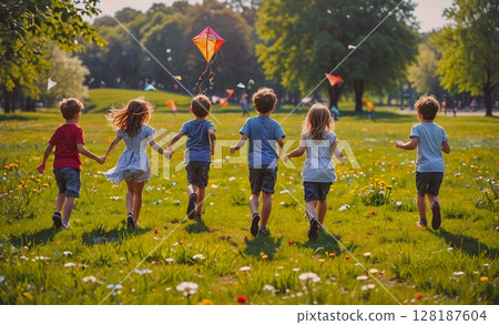 Group of children are running in a field with a kite flying in the sky. Scene is joyful and carefree, as the children are enjoying their time outdoors and playing together 128187604