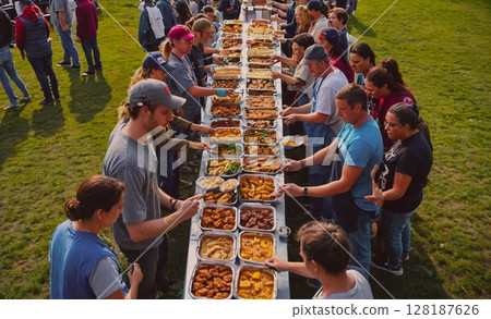 Group of people are gathered around a long table with a variety of food. Scene is festive and social, as everyone is enjoying the food and each other's company 128187626