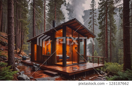 Small cabin with a wood stove and a fireplace. The cabin is surrounded by trees and has a cozy, rustic feel Small cabin with a wood stove and a fireplace. The cabin is surrounded by trees and has a cozy, rustic feel 128187662