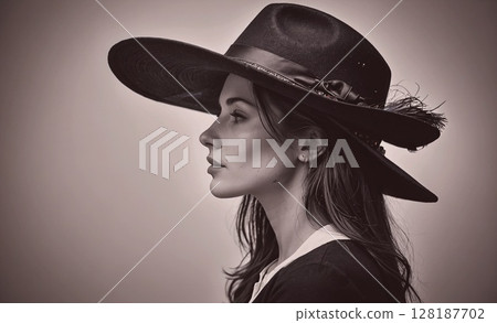 Woman wearing a black hat and a black dress. She is looking at the camera. The photo is in black and white 128187702