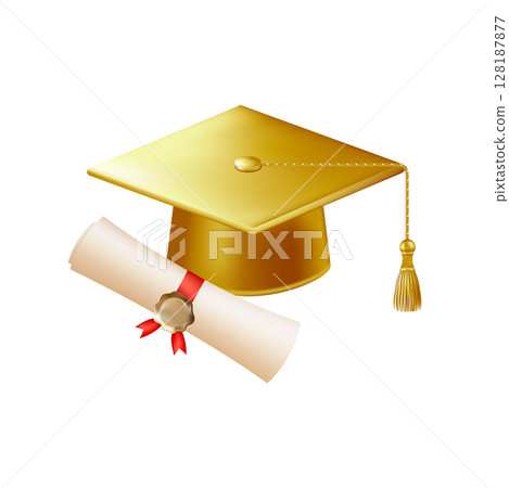 3d diploma scroll with graduate hat. Vintage roll paper 128187877