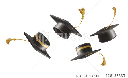 Graduates celebration. 3D Flying black graduate hat 128187885