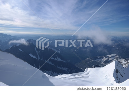 Tranquil Lake With Lush Green Forest, Snow-Capped Mountain, Blue Sky And White Clouds 128188060