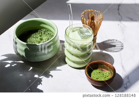 Iced Matcha Refreshment. Refreshing iced matcha drinks with a bamboo whisk and matcha powder 128188148