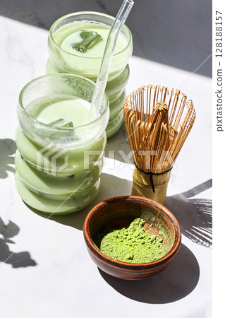 Iced Matcha Refreshment. Refreshing iced matcha drinks with a bamboo whisk and matcha powder 128188157
