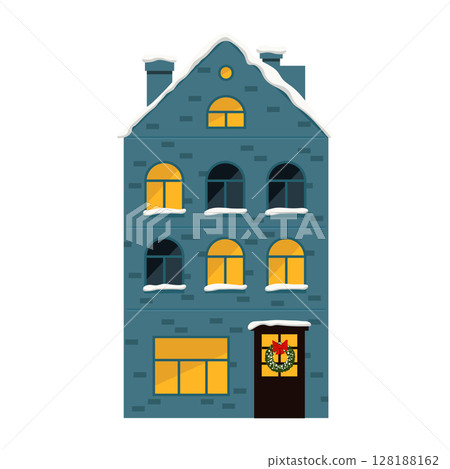Charming Winter House with a Snowy Roof and Delightful Warm Lights Illuminating the Scene Charming Winter House with a Snowy Roof and Delightful Warm Lights Illuminating the Scene 128188162