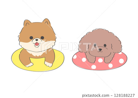 一幅可愛的手繪插圖,畫的是一隻博美犬和一隻玩具貴賓犬漂浮在游泳圈上 一幅可愛的手繪插圖,畫的是一隻博美犬和一隻玩具貴賓犬漂浮在游泳圈上 128188227