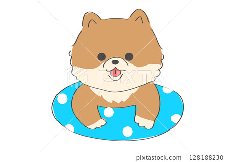 一幅可愛的手繪插圖，畫的是一隻博美犬漂浮在游泳圈上 128188230