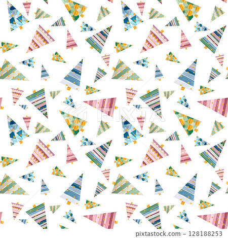 Seamless pattern with abstract burgundy, blue and green Christmas trees, decorated with gold elements, hand drawn in watercolor. 128188253