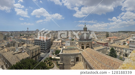 Ragusa cityscape panorama from the tower of Cathedral baroque church dome Ragusa cityscape panorama from the tower of Cathedral baroque church dome 128188339
