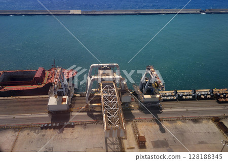 genoa harbor ship loading aerial before landing genoa harbor ship loading aerial before landing 128188345