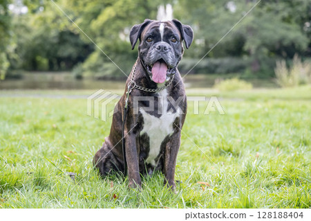 beautiful 3 years old purebred golden brown german boxer dog puppy jumping playing outdoor shooting 128188404