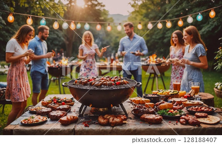 Group of people are gathered around a large table with a variety of food, including hot dogs, hamburgers, and vegetables. The atmosphere is lively and social, with people enjoying each other's company Group of people are gathered around a large table with a variety of food, including hot dogs, hamburgers, and vegetables. The atmosphere is lively and social, with people enjoying each other's company 128188407
