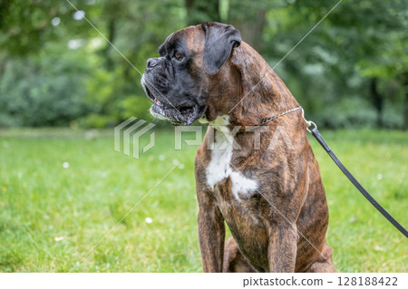 beautiful 3 years old purebred golden brown german boxer dog puppy jumping playing outdoor shooting 128188422