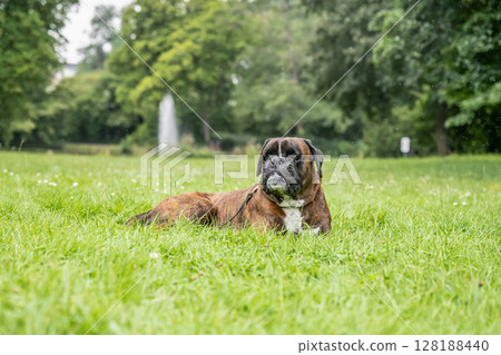 beautiful 3 years old purebred golden brown german boxer dog puppy jumping playing outdoor shooting beautiful 3 years old purebred golden brown german boxer dog puppy jumping playing outdoor shooting 128188440