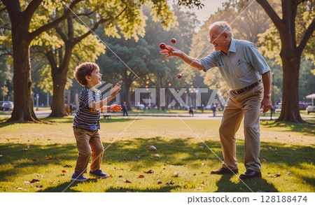 Man and a boy are playing with a ball in a park. The man is holding a red ball and the boy is holding a blue ball 128188474
