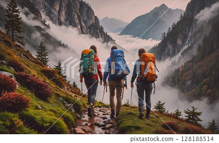 Three people are hiking up a mountain with backpacks. The mountain is covered in trees and has a misty, foggy atmosphere 128188514