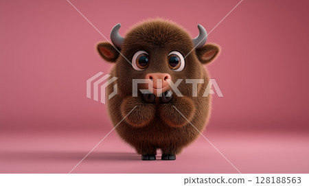 Cute buffalo with an adorable expression stands against a soft pink background 128188563