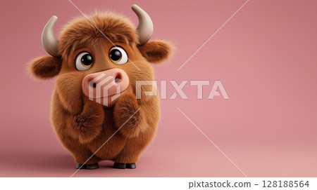 Cute buffalo with big eyes poses adorably against a pink background 128188564