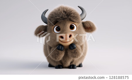 Cute buffalo with big eyes and soft fur on a plain white background Cute buffalo with big eyes and soft fur on a plain white background 128188575